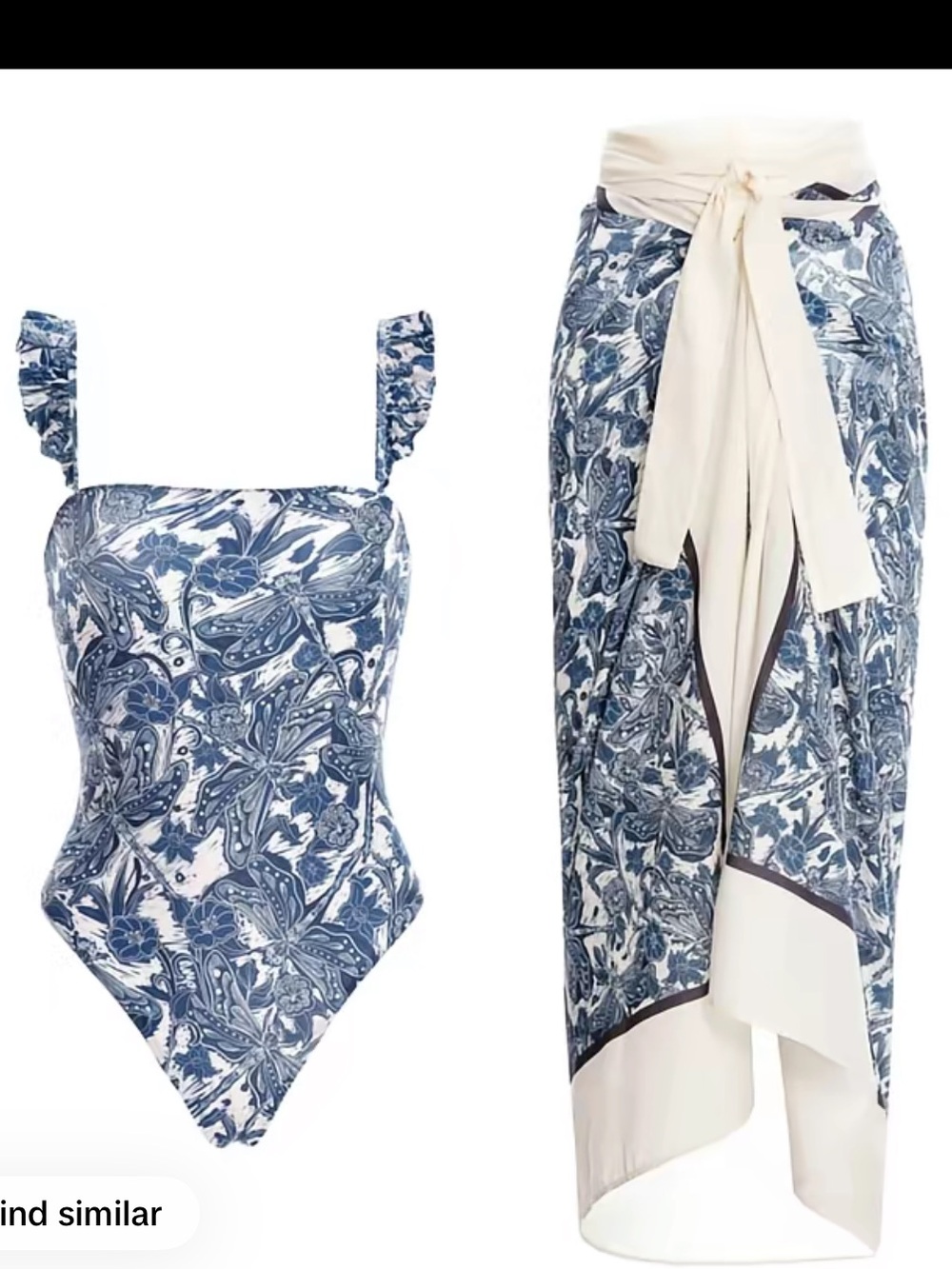 Blue Floral One-Piece Swimsuit with Cream Sarong